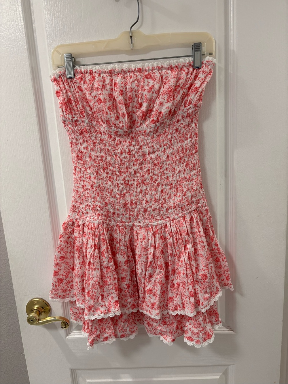 Isabelle’s Closet Strapless Smocked Tiered Mini Dress in Pink Floral Lace Trim